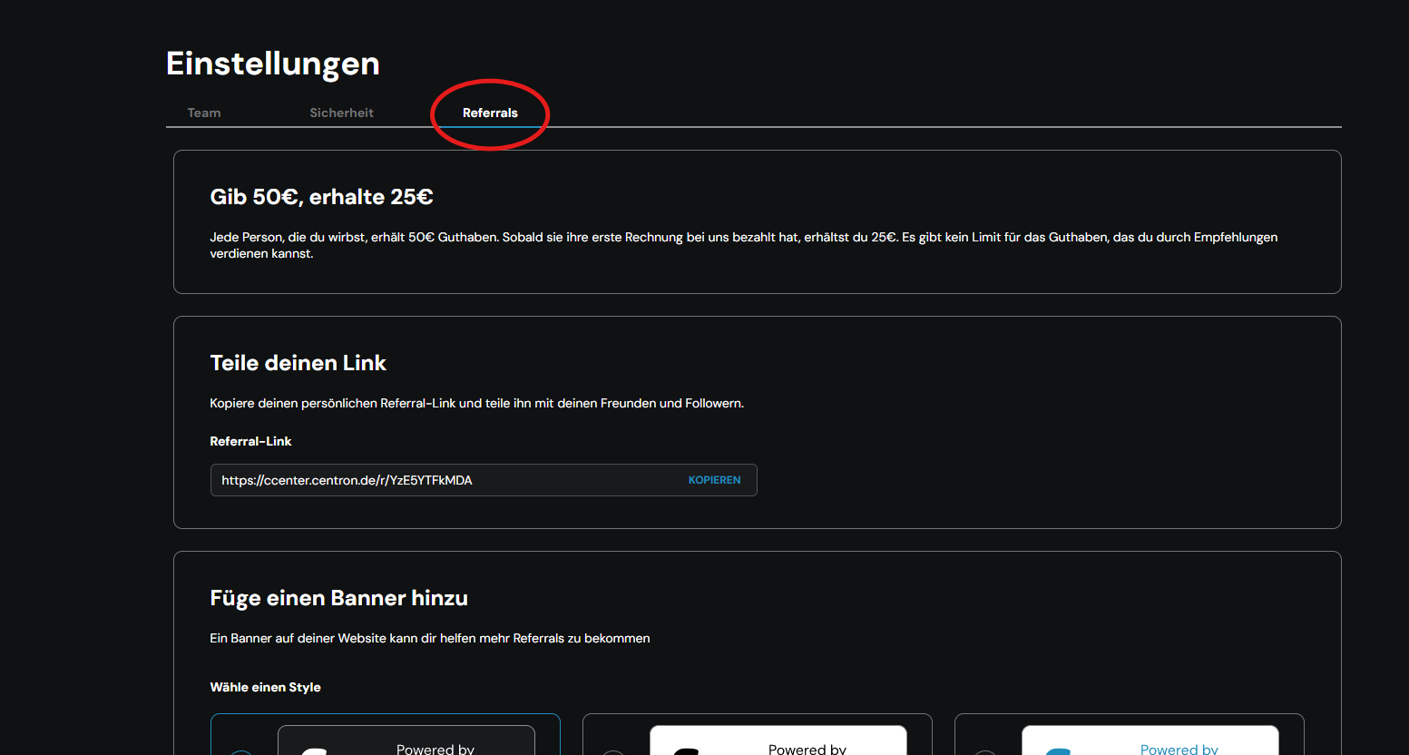 centrons Empfehlungsbereich