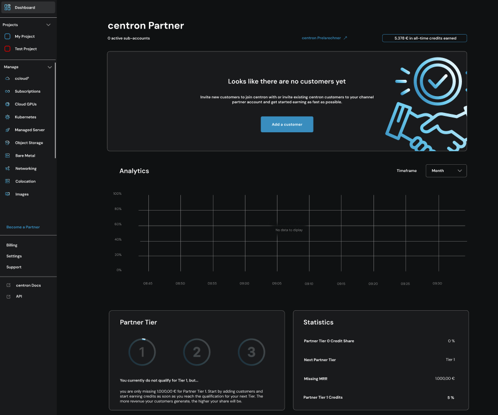 Das Channel Partner-Dashboard, noch ohne hinzugefügte Endkunden
