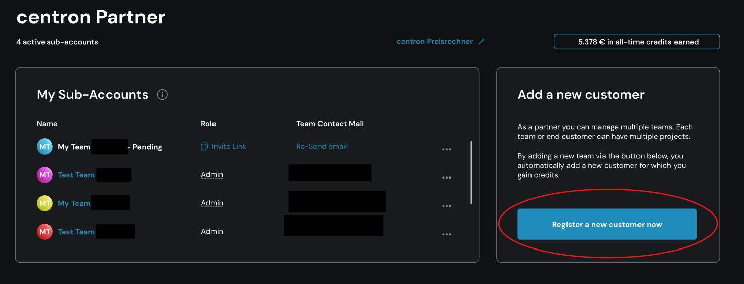 Dashboard zeigt hinterlegte Endkunden an