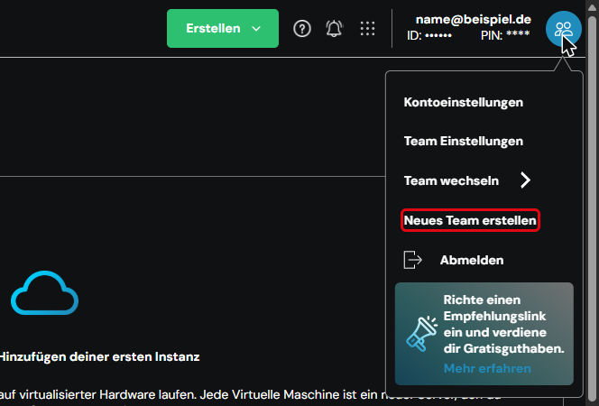 Profilmenü mit dem Eintrag „Neues Team erstellen“
