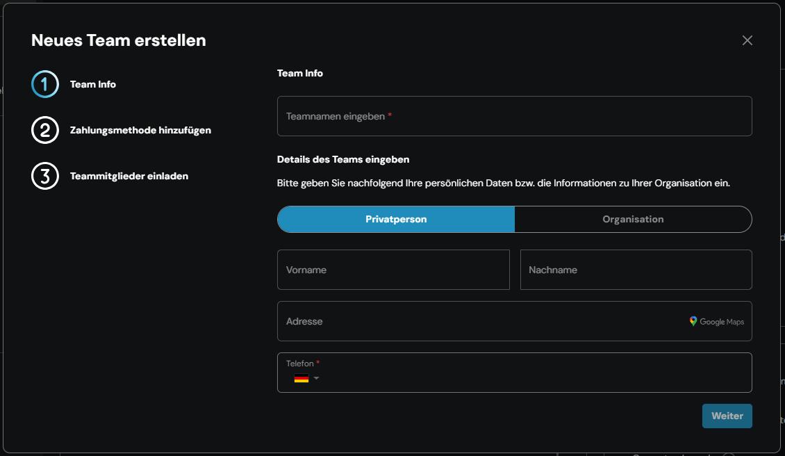 Schritt „Team Info“ im Fenster „Neues Team erstellen“