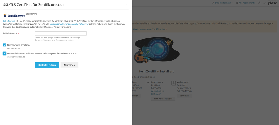 Let’s Encrypt-Zertifikat Optionen auswählen &amp; installieren