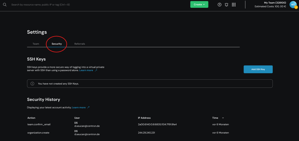 Team-Einstellungen Abschnitt Security