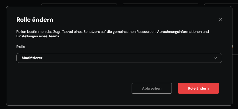 Eingabemaske Rollenänderung Teammitglied