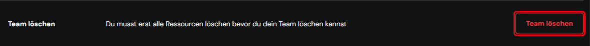 Abschnitt „Team löschen“ am Ende der Team Einstellungen