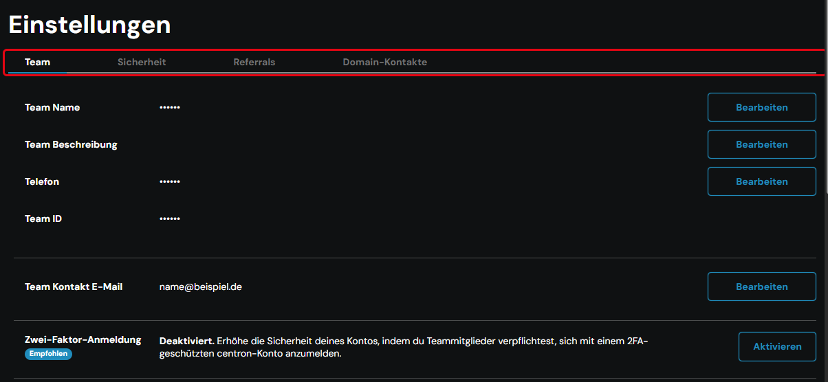 Team Einstellungen, Reiter „Team“