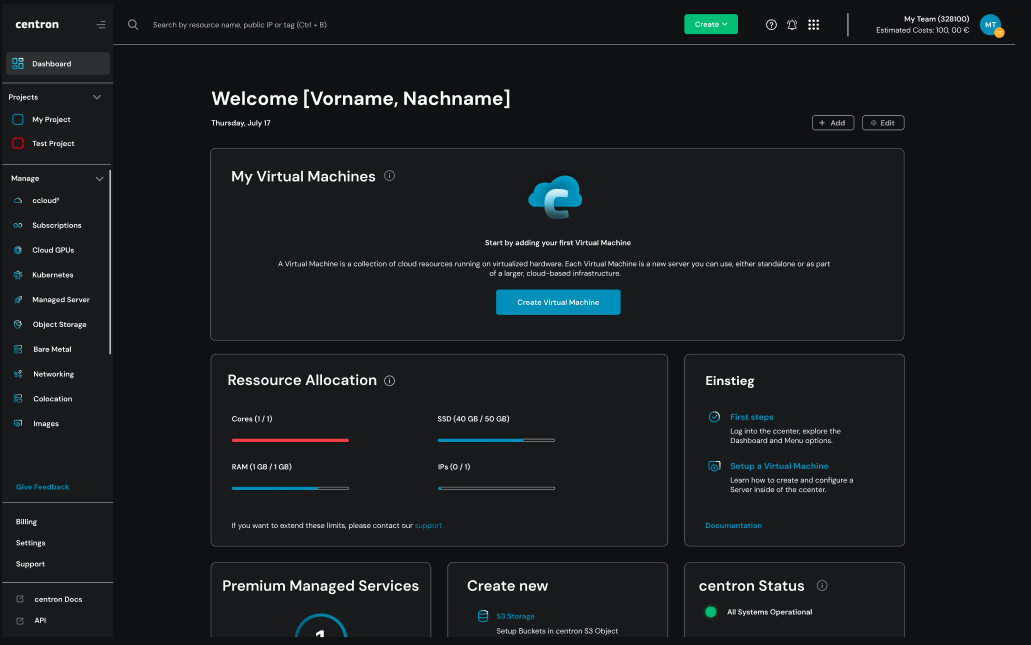 Dashboard Nutzer-Account