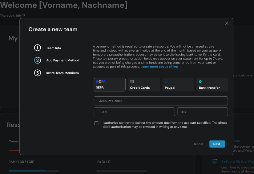 Zahlungsmethode angeben