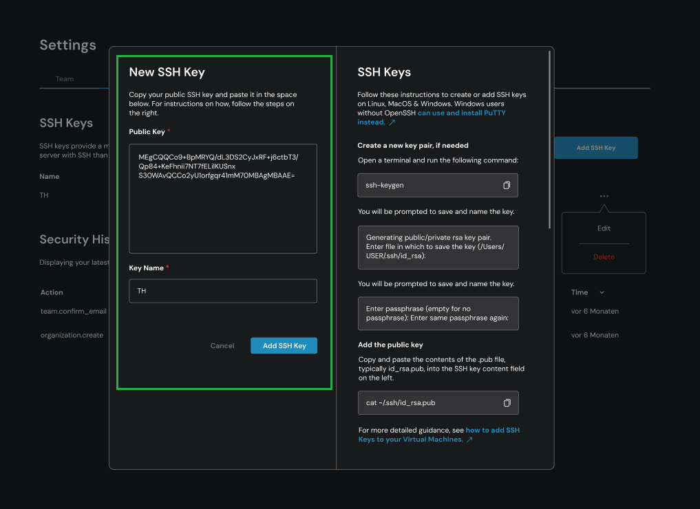Öffentlichen SSH-Key einfügen