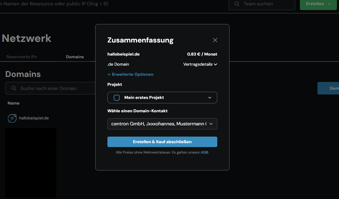 Domain hinzufügen - Zusammenfassung des Vorgangs