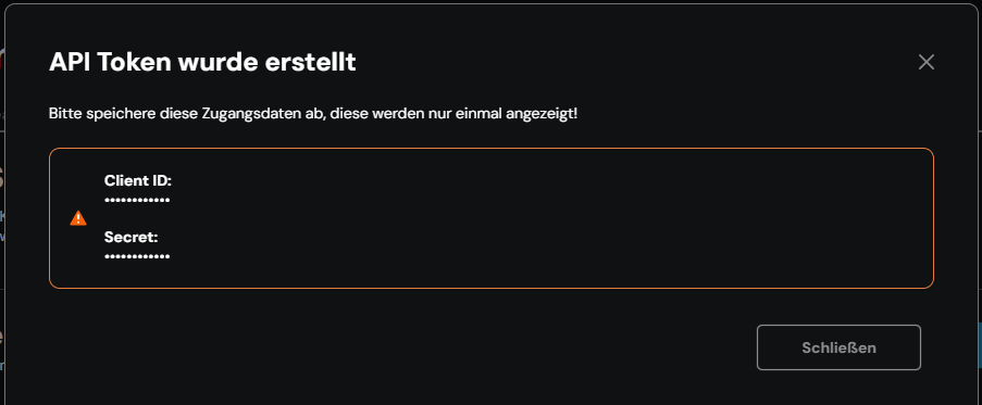 Window “API Token wurde erstellt” with client ID and secret (redacted)