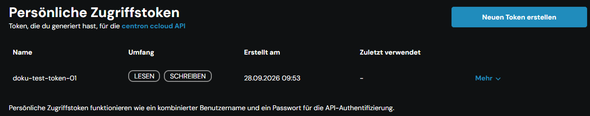 List of personal access tokens