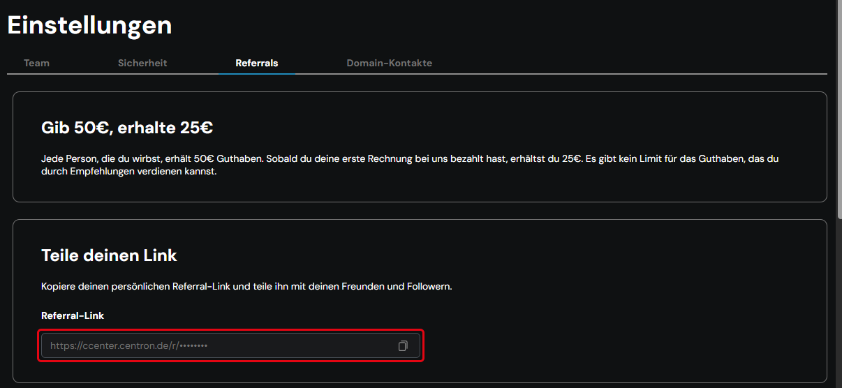 Tab “Referrals” in the team settings