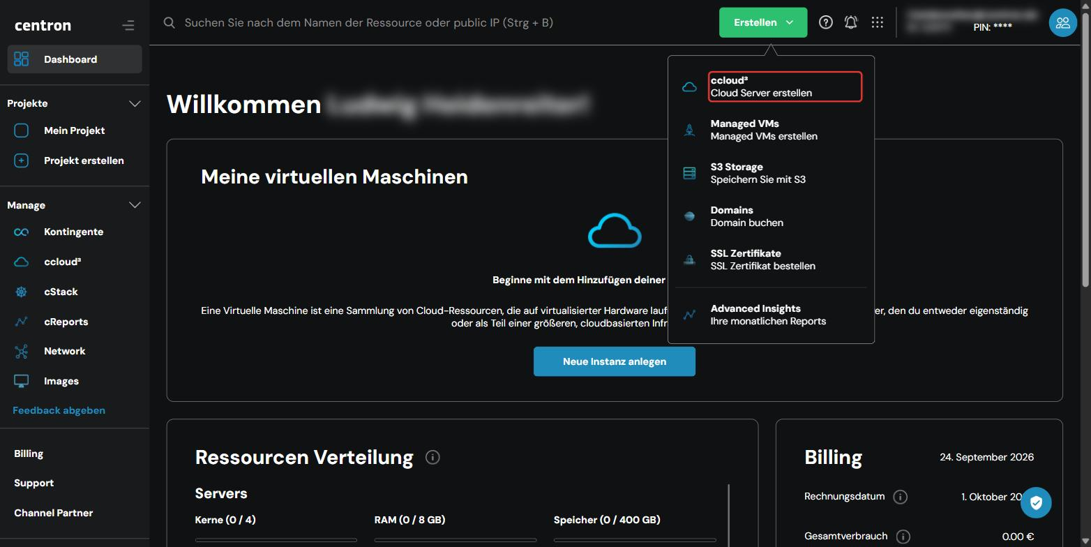 Menu “Erstellen” with the ccloud³ entry