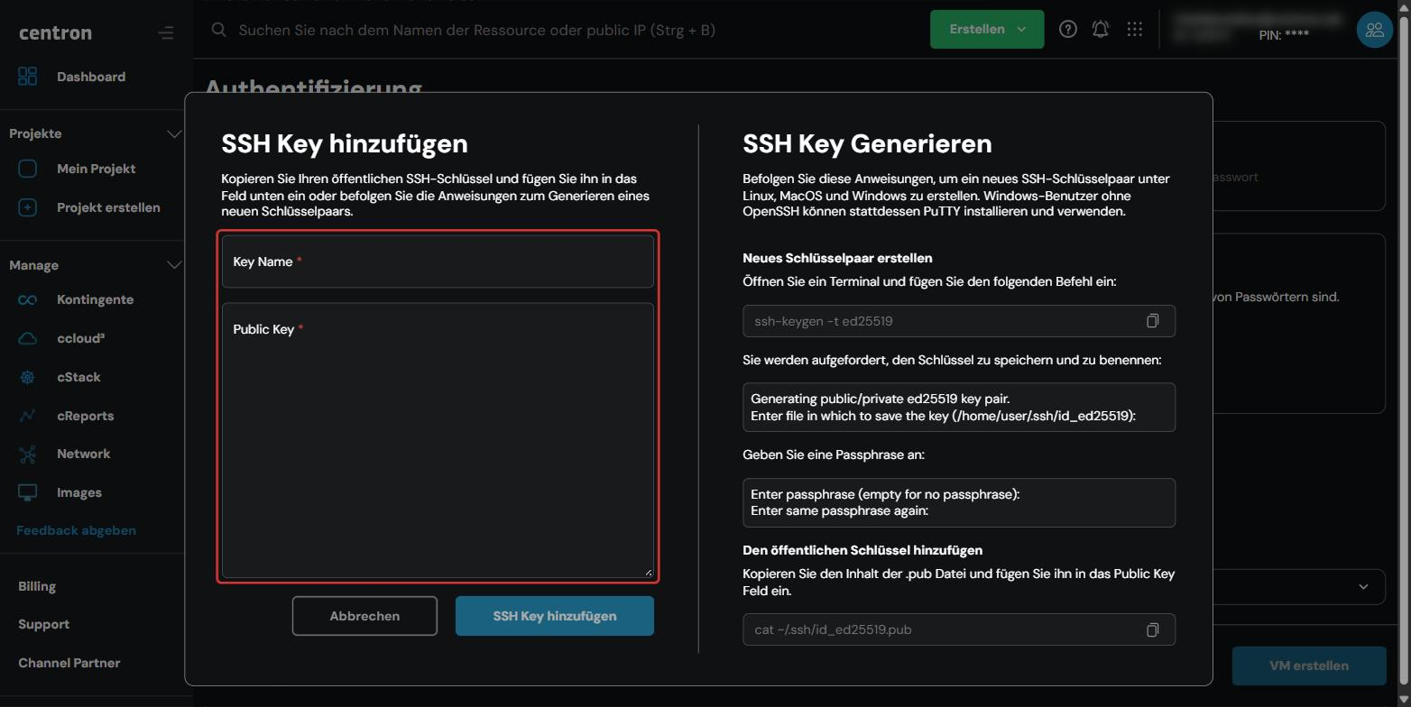 Dialog for adding an SSH key