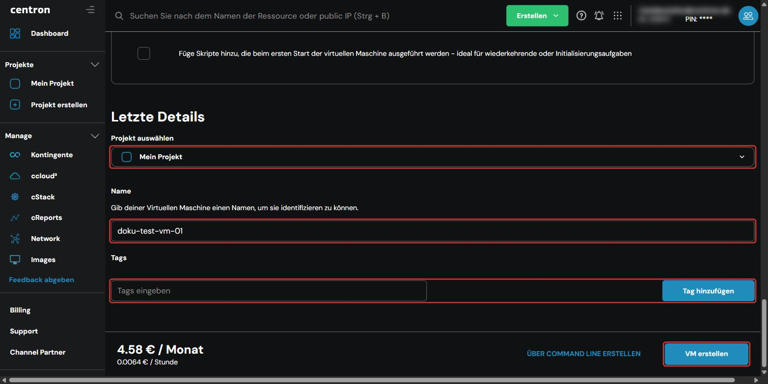 Final details and the “VM erstellen” button