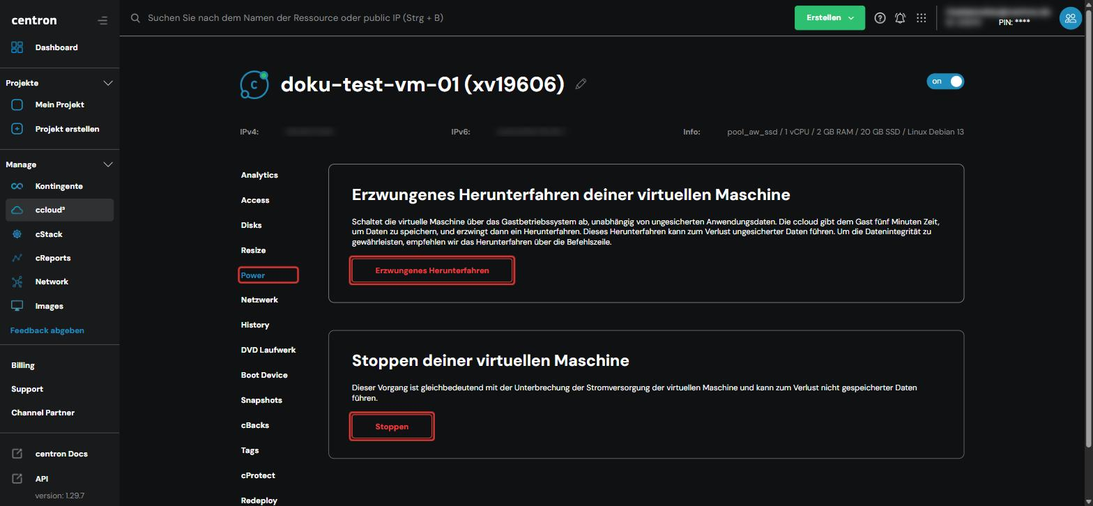 Section “Power” with “Erzwungenes Herunterfahren” and “Stoppen”