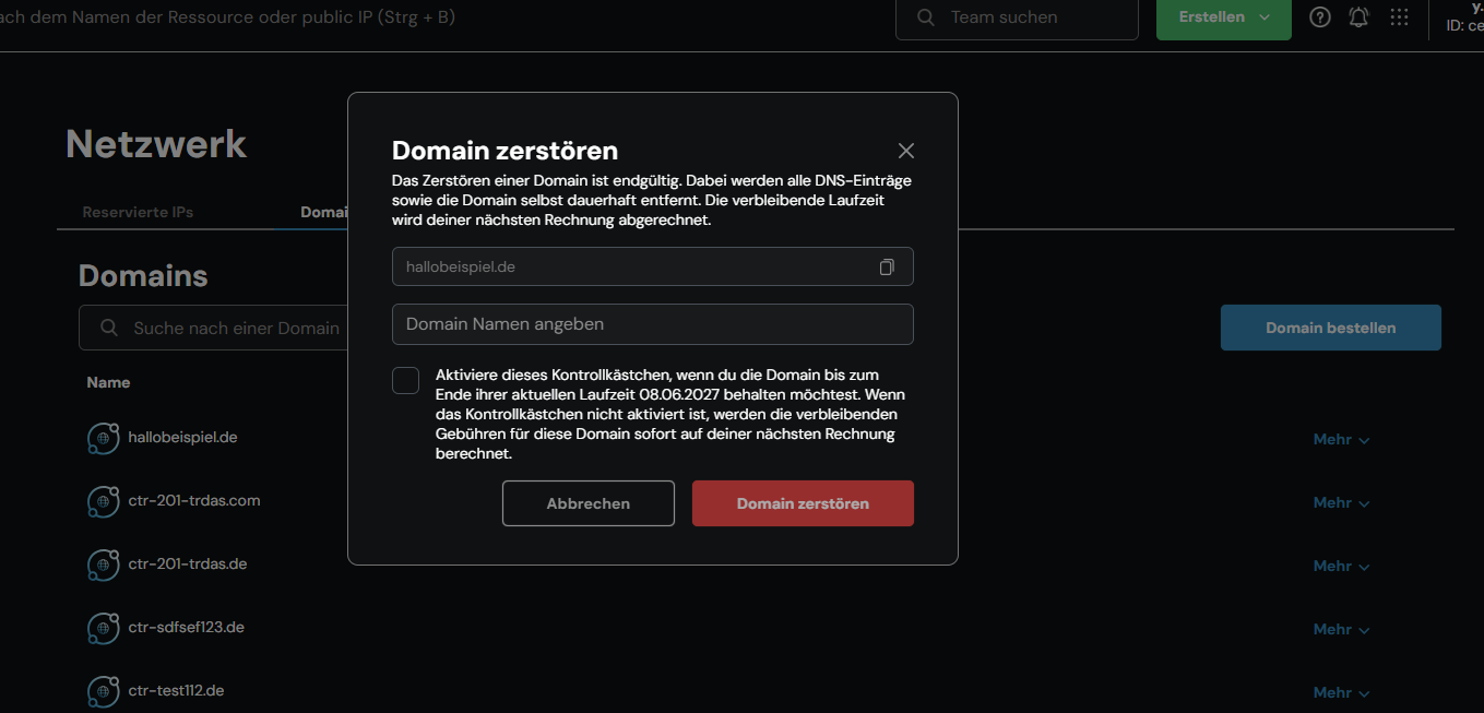 Eingabemaske zur Domain-Zerstörung