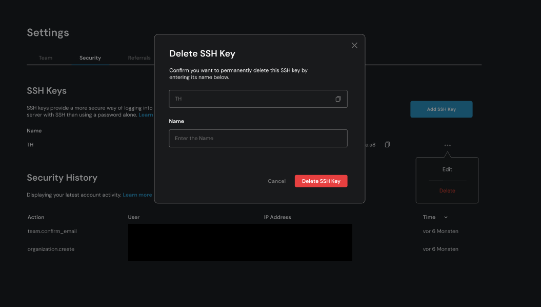 Löschmaske SSH Keys