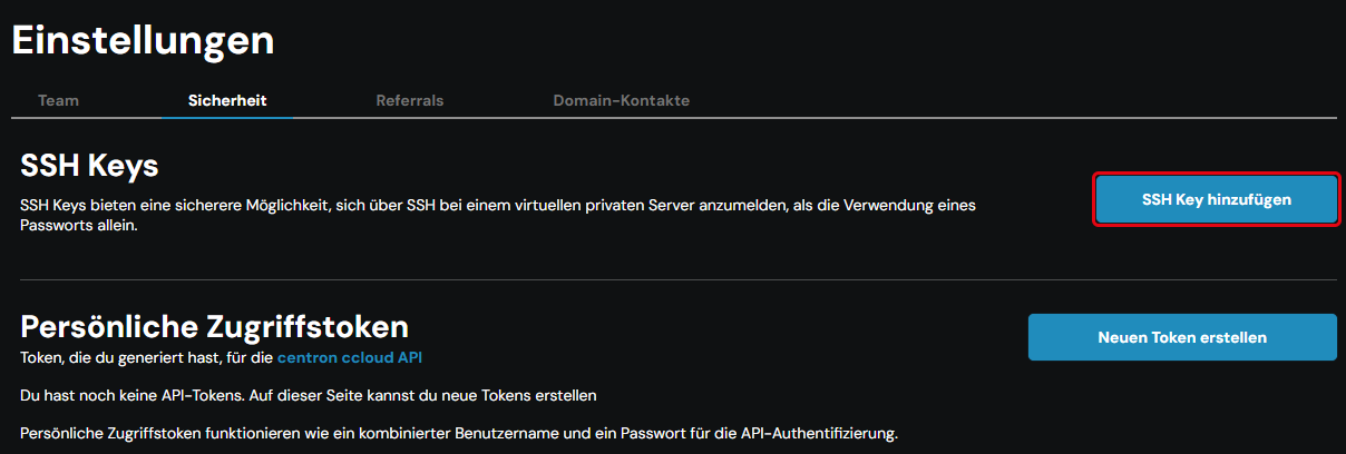 Tab “Sicherheit” with the “SSH Keys” section
