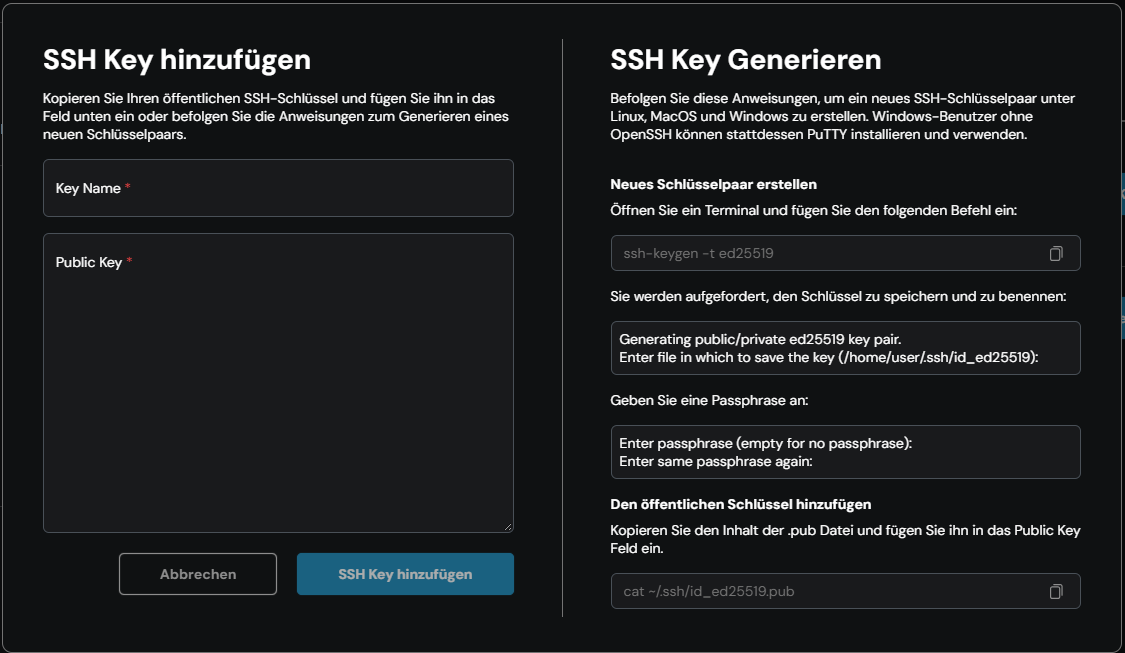 Window “SSH Key hinzufügen”