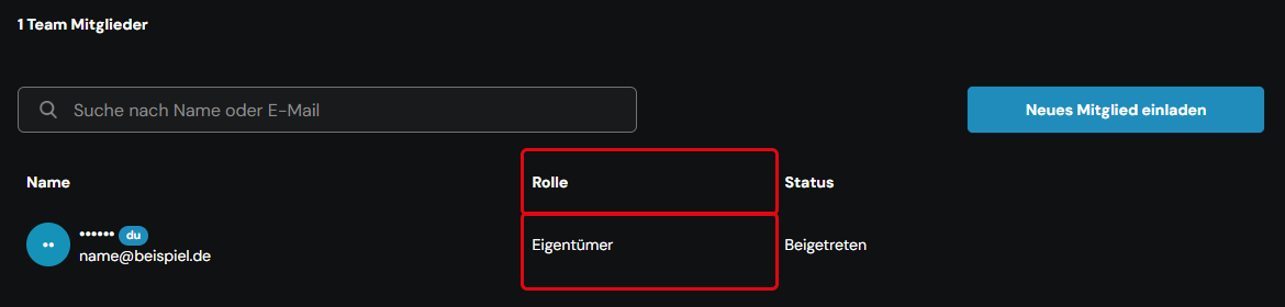 Section “Team Mitglieder” with the “Rolle” column