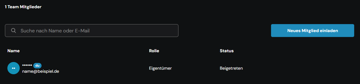 Section “Team Mitglieder” in the team settings